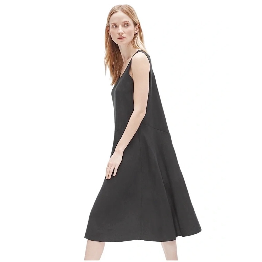 Eileen Fisher Black Organic Linen Sleeveless Midi Dress Diagonal Seam Scoop Neck